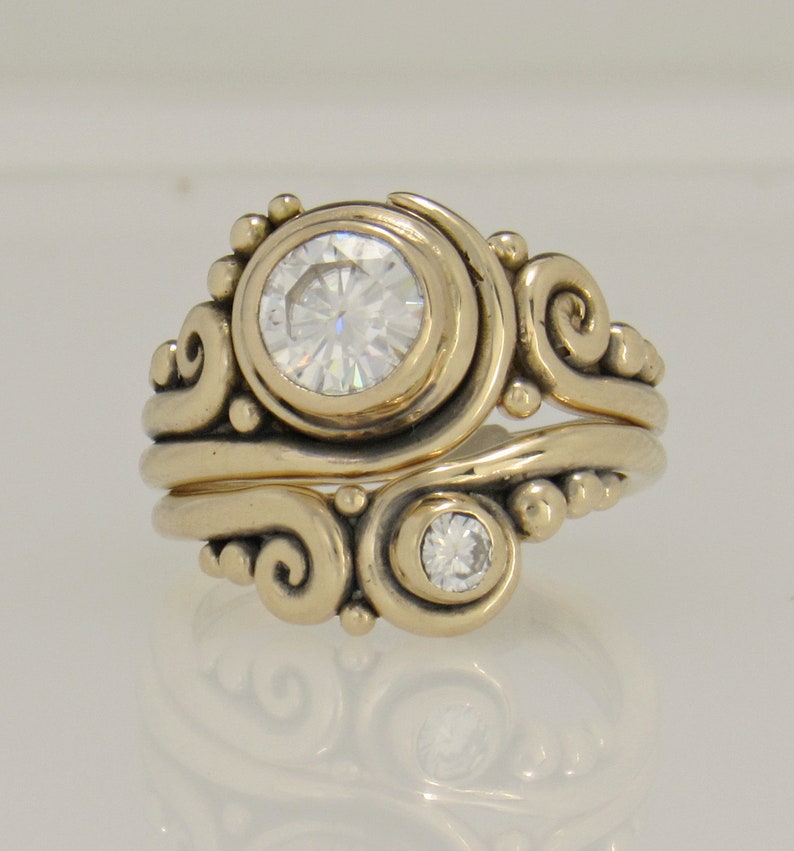 14ky Gold 7.5 mm Moissanite Ring, Handmade One of a Kind Artisan Engagement Ring Made in the USA with Free Domestic Shipping, Size 8 1/4. image 10