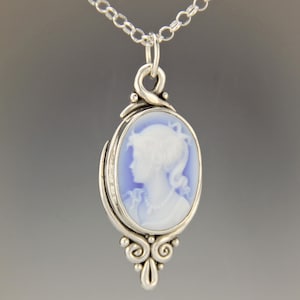 Sterling Silver Pendant 18x25  Blue Agate Cameo with 18&quot; Chain, Handmade One of a Kind Jewelry Made in the USA with Free  Shipping!