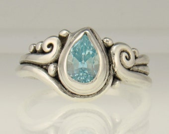 Sterling Silver Pear Shape Blue Topaz Ring- Handmade One of a Kind Artisan Jewelry Made in the USA with Free Domestic Shipping!