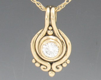 14k Yellow Gold Pendant with 5 mm (1/2 ct.) Moissanite, 18" Gold Chain- Handmade One of a Kind Pendant Made in the USA with Free Shipping!