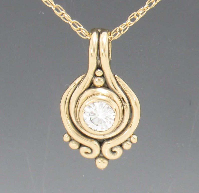 14k Yellow Gold Pendant with 5 mm 1/2 ct. Moissanite, 18 Gold Chain Handmade One of a Kind Pendant Made in the USA with Free Shipping image 1