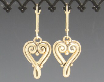 14k Yellow Gold Heart Dangle Earrings, Unique Handmade One of a Kind Earrings Made in the USA with Free Domestic Shipping. Ready to Ship!