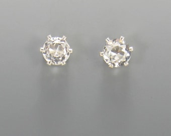 Sterling Silver 6 mm White Topaz 6 prong Post Earrings with Push Back Ear Nuts.