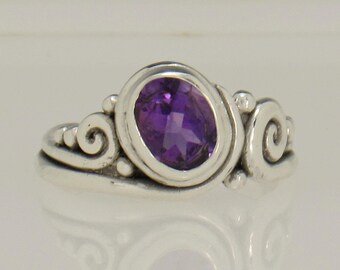 Sterling Silver 9x7 Amethyst Ring, Size 9, Oval Bezel Set, Handmade One of a Kind