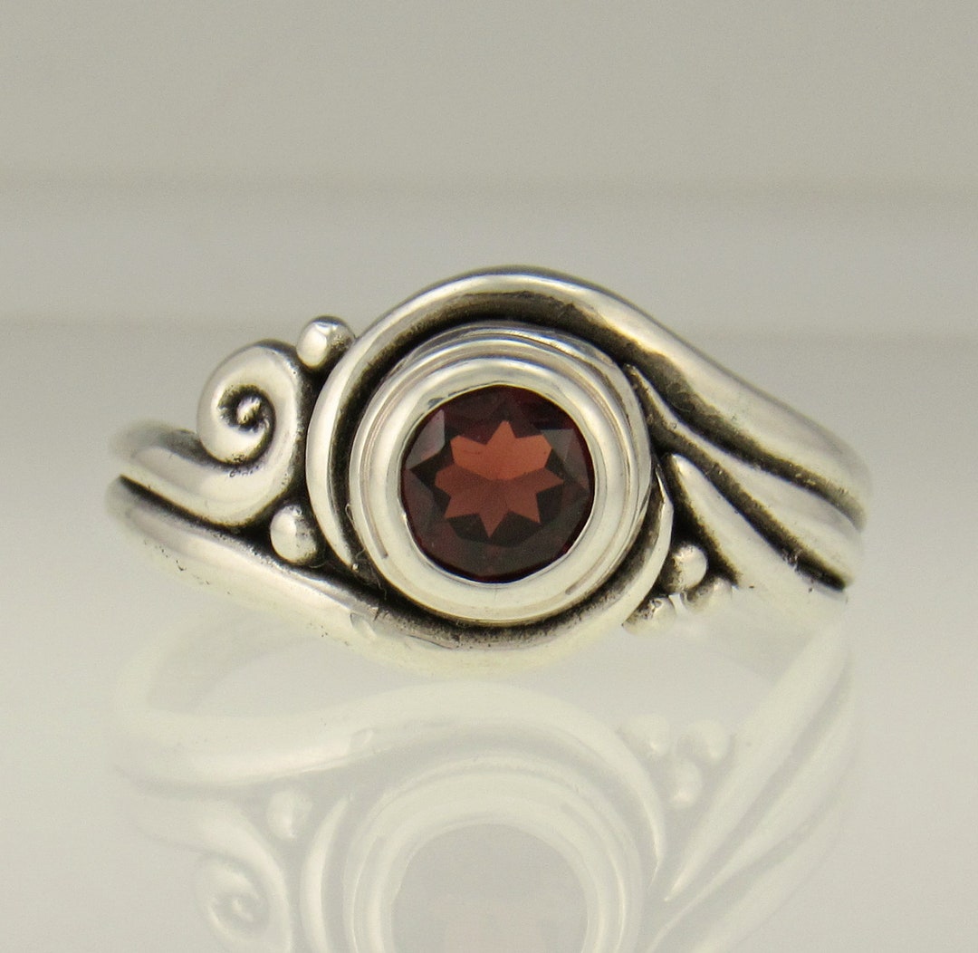 Sterling Silver 6 Mm Faceted Garnet Ring Handmade One of a Kind Artisan ...