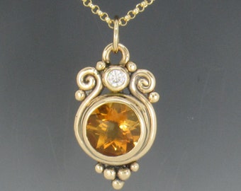 14ky Gold Pendant with 10 mm Golden Citrine and 3 mm Moissanite, Made in the USA with Free Shipping.  One of a Kind with 18" 14k Gold Chain.