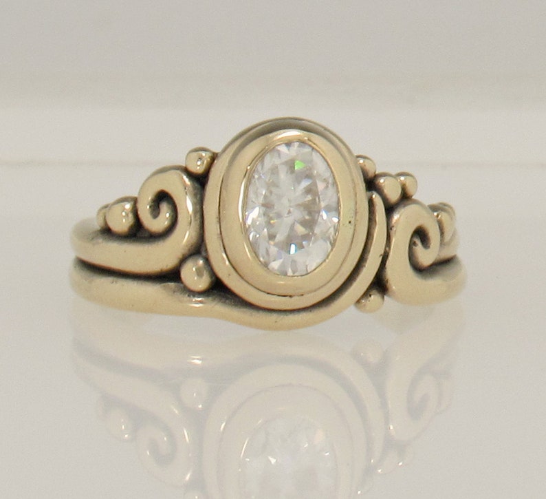 14ky Gold Ring with 8x6 mm Oval Moissanite , 1.35ct. Handmade One of a Kind Artisan Ring Made in the USA with Free Domestic Shipping. image 1