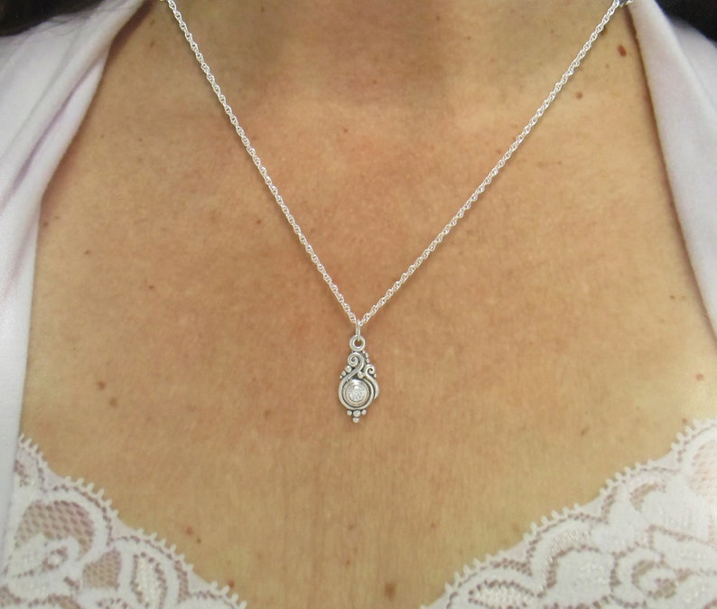 Sterling Silver 5 mm Moissanite Pendant, has 18 Sterling Silver Chain, Handmade One of a Kind Artisan Pendant with Free Domestic Shipping image 7