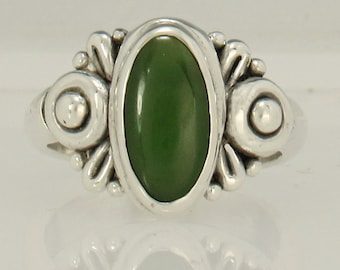 Sterling Silver 7x13 Jade Ring- Handmade One of a Kind Artisan Ring Made in the USA With Free Domestic Shipping, Size 7 3/4