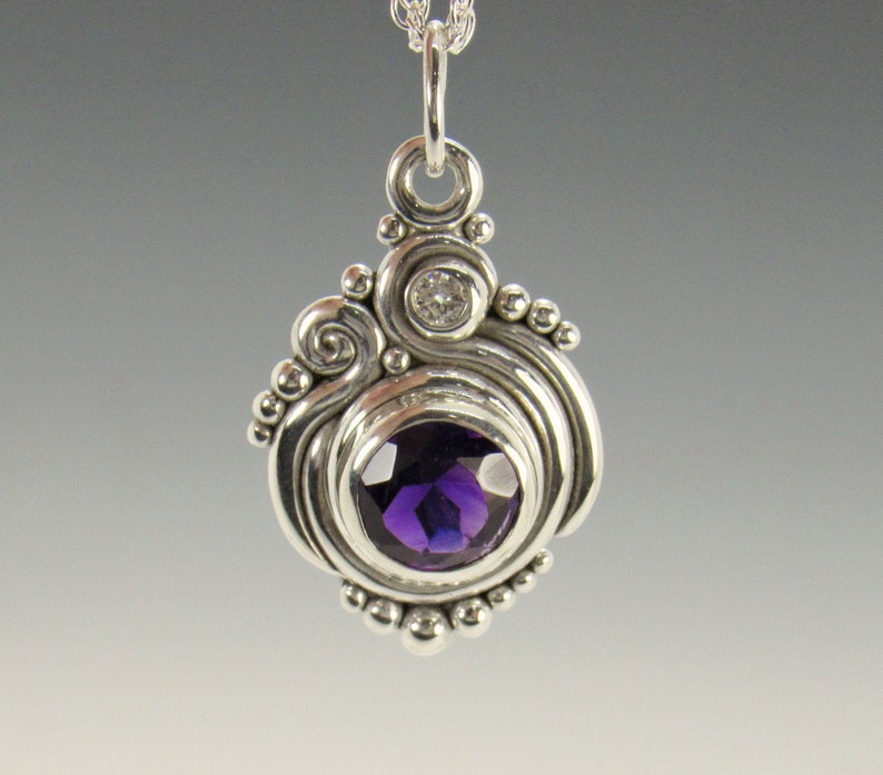 Sterling Silver 10mm Amethyst and 3mm Moissanite Pendant, has 20 Silver Chain, Handmade One of a Kind Artisan Jewelry with Free Shipping image 10