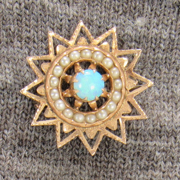 Vintage 10k yellow gold Starburst Brooch with 5 mm Opal and Seed Pearls- Ready to Ship with Free Shipping! Great Gift for Mom.