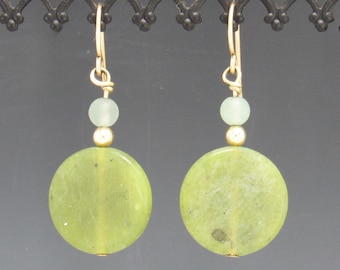Olive Jade and Quartz bead Earrings with 14k Yellow Gold Fill Ear Wires