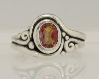 Sterling Silver 7x5 mm Salmon Topaz Ring, Size7 3/4, One of a Kind Bezel Set Handmade Artisan Ring, Made in USA with Free Shipping.