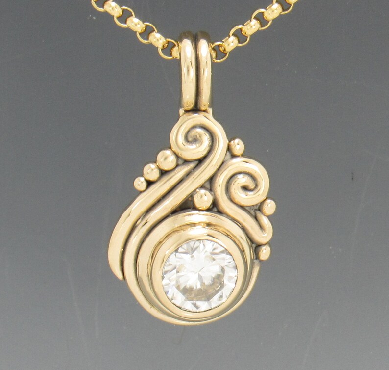 14k Yellow Gold Pendant with 8 mm 1.60ct. Moissanite, 18 Gold Chain Handmade One of a Kind Pendant Made in the USA with Free Shipping image 1