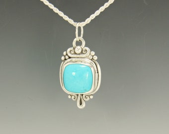 Sterling Silver Pendant with a 15 mm Cushion Cut Turquoise Cabochon with a 18" SS French Rope Chain, Handmade One of a Kind made in the USA.