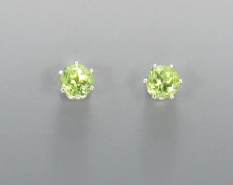 Sterling Silver 5 mm Peridot 6 prong Post Earrings with Push back Ear nuts.