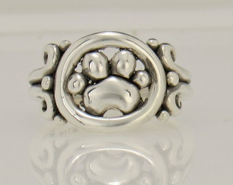 Sterling Silver Paw Print Ring, Size 10 1/2, Handmade One of a Kind Artisan Jewelry Made in the USA with Free Domestic Shipping!