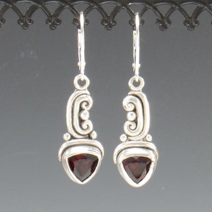 Sterling Silver Trillion Garnet Earrings, Handmade One of a Kind Artisan Earrings Made in the USA with Free Domestic Shipping