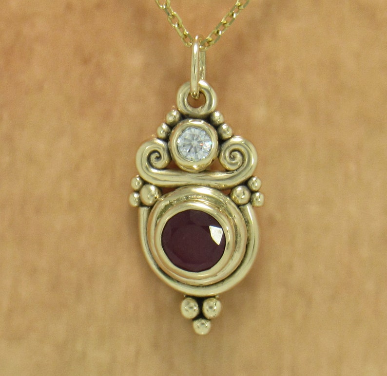 14k Yellow Gold Pendant with 8 mm 3.57ct. Ruby and 4 mm Moissanite Handmade One of a Kind Pendant Made in the USA with Free Shipping image 7