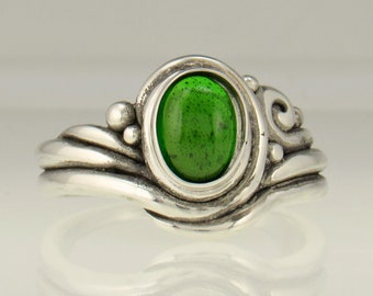 Sterling Silver Ring with 6 x 8 mm Chrome Diopside Cabochon, Handmade One of a Kind Artisan Jewelry Made in the USA with Free Shipping!