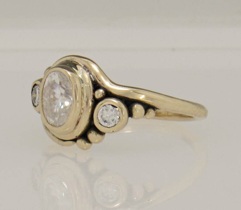 14ky Gold Ring with 8x6 mm Oval and 2 3.5mm Moissanites , 1.35ct. Handmade One of a Kind Artisan Ring Made in the USA with Free Shipping. image 3