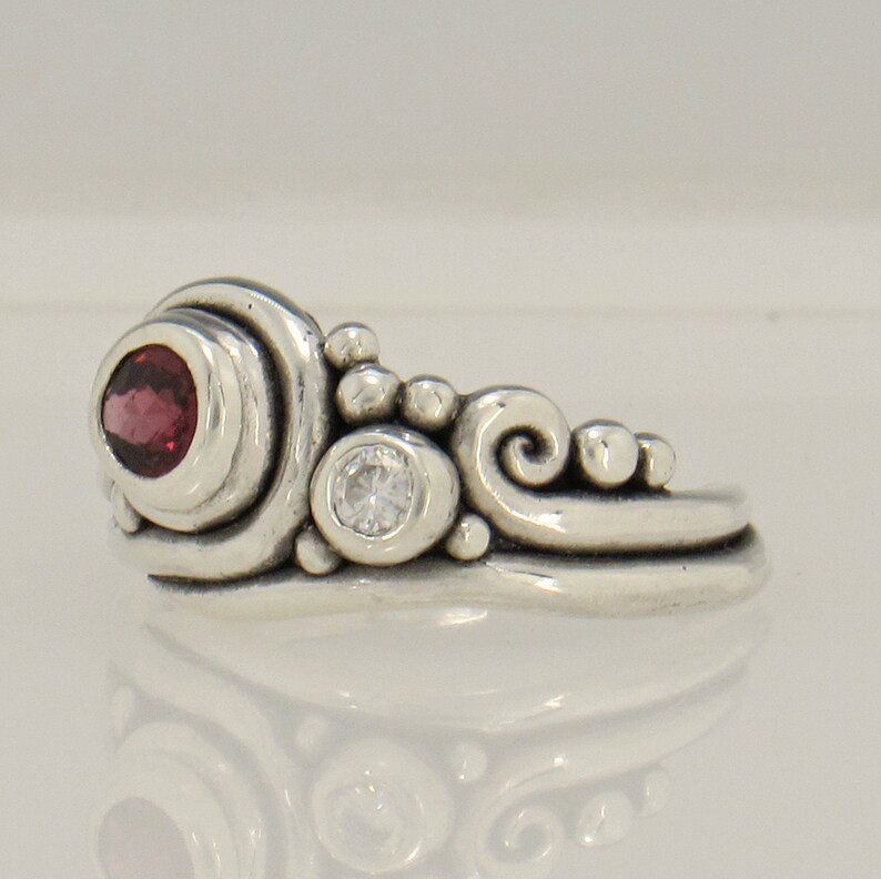 Sterling Silver 5 mm Garnet and 3 mm Moissanite Ring, One of a Kind Bezel Set Handmade Artisan Ring, Made in USA, Free Shipping. image 3