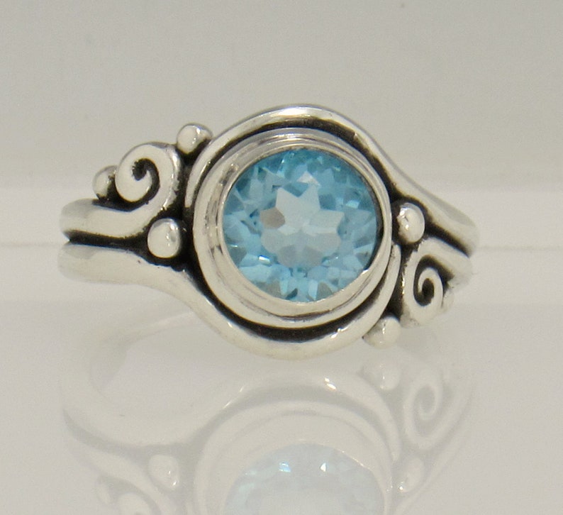 Sterling Silver 8 mm Blue Topaz Ring Size 8 1/4, Handmade One of a Kind Artisan Ring Made in the USA with Free Domestic Shipping image 1