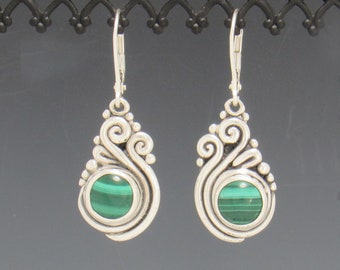 Sterling Silver 8 mm Malachite Earrings, Handmade One of a Kind Artisan Earrings Made in the USA with Free Domestic Shipping!