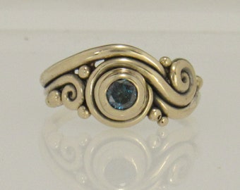 14k Yellow Gold Ring with 5 mm Blue Diamond, Size 9, Handmade One of a Kind Artisan Ring Made in the USA With Free Domestic Shipping!