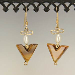 Yellow Gold Filled Wire Earrings with Tiger Eye Beads and Fresh Water Pearls- Handmade One of a Kind Earrings Made in the USA with Free Ship