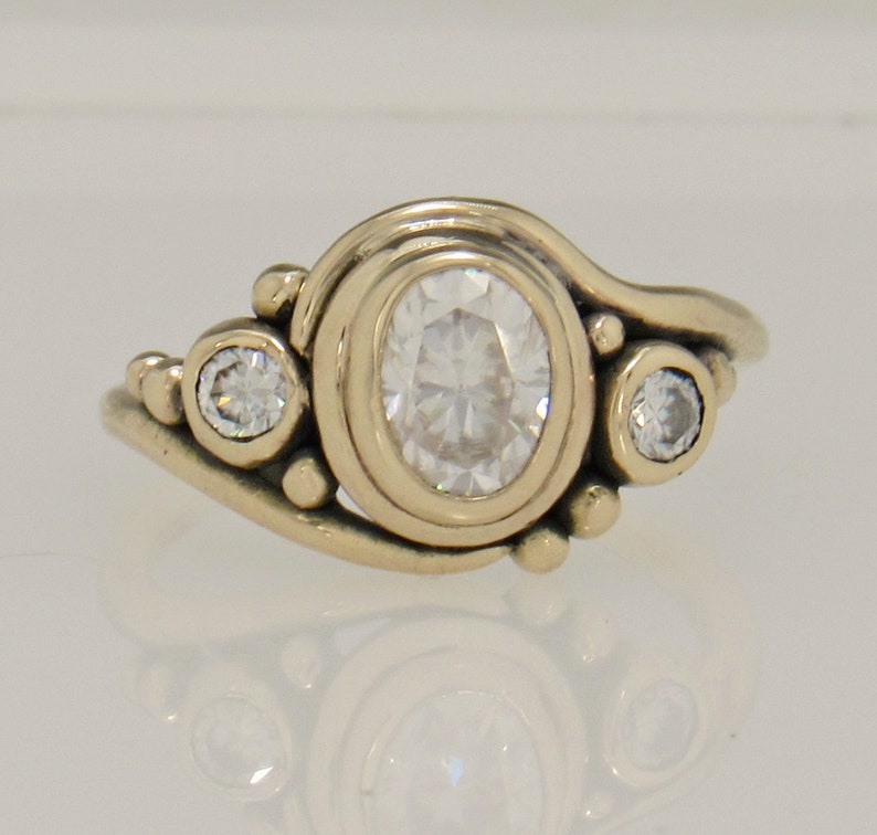14ky Gold Ring with 8x6 mm Oval and 2 3.5mm Moissanites , 1.35ct. Handmade One of a Kind Artisan Ring Made in the USA with Free Shipping. image 1