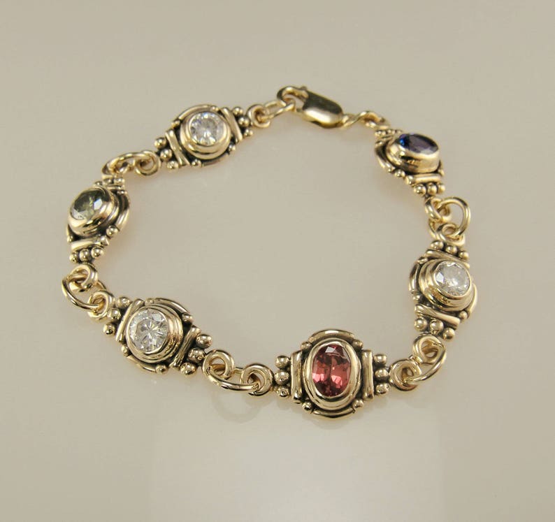 14k Yellow Gold Bracelet with Moissanites and Chatham Created Sapphires, 7 1/2, Handmade One of a Kind Artisan Bracelet Made in the USA image 1