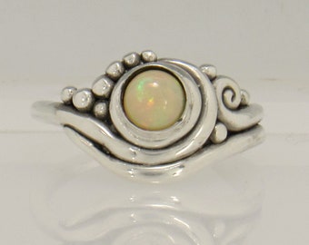 Sterling Silver 5.5 mm Ethiopian Opal Ring- Size 8 1/4, Handmade One of a Kind Artisan Ring Made in the USA with Free Domestic Shipping!