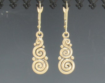 14ky Gold Double Swirl Dangle Earrings,  Handmade One of a Kind Made in the USA with Free Domestic Shipping.