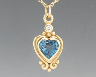 14k Yellow Gold Pendant with 10mm Blue Topaz Heart and 3mm Moissanite , 18" Gold Chain- Handmade One of a Kind Pendant, Free Shipping.