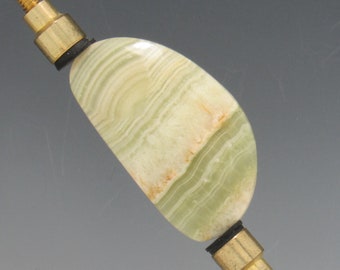 Loose Freeform Green and Yellow Striped Onyx Cabochon from Pakistan, 35x20 mm, 30.23 ct. For Jewelry Making or Wire Wrapping, Free Shipping