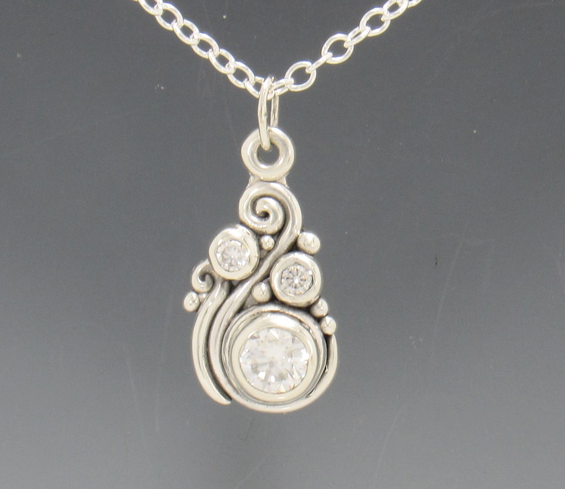 Sterling Silver Pendant with 6.5 mm and 2 3mm Moissanites, Handmade One of a Kind Artisan Pendant Made in USA with Free Domestic Shipping image 1