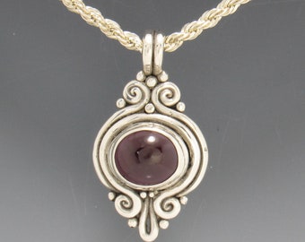 Sterling Silver Garnet Cabochon Pendant with 18" Silver Chain,  Handmade One of a Kind Artisan Pendant Made in the USA with Free Shipping!