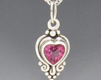 Sterling Silver 9mm Heart Pink Topaz Pendant, has 18" Sterling Silver Chain, Handmade One of a Kind Artisan Pendant with Free Shipping!