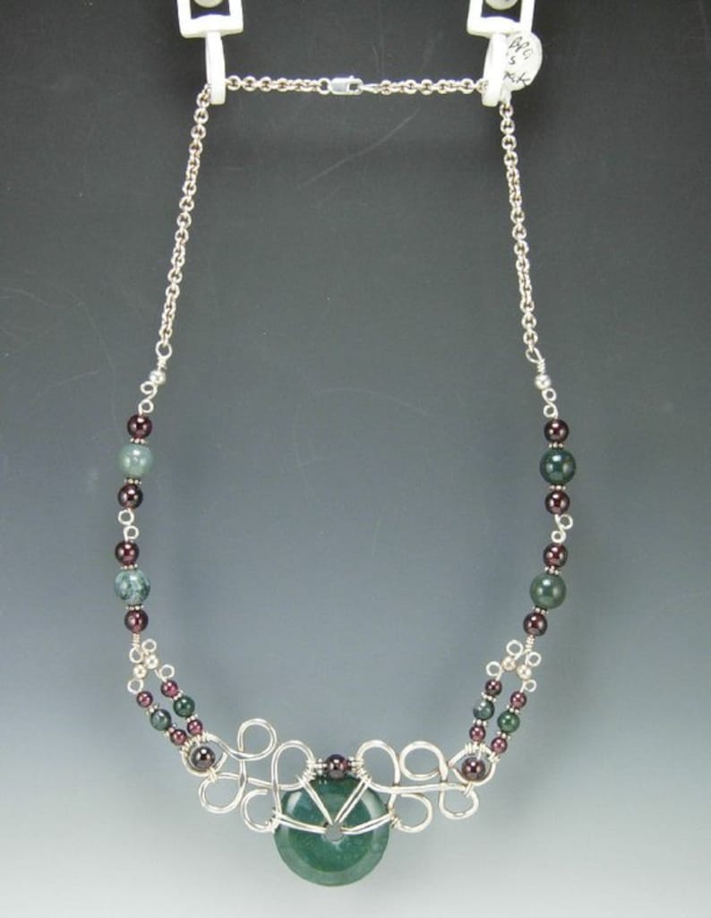 17 Length with Sterling Silver Chain Sterling Silver Wire Wrapped Green Agate and Garnet Bead Necklace