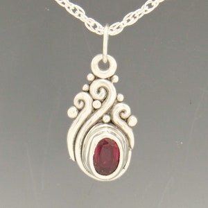 Sterling Silver 7x5mm Lab Created Ruby Pendant, has 18 Sterling Silver Chain, Handmade One of a Kind Artisan Jewelry with Free Shipping image 1