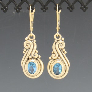 14ky Gold 7x5 mm Blue Topaz Earrings with Lever Back Ear Wires, Handmade One of a Kind Artisan Jewelry Made in the USA with Free Shipping image 1