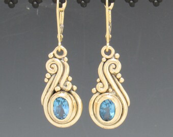 14ky Gold 7x5 mm Blue Topaz Earrings with Lever Back Ear Wires, Handmade One of a Kind Artisan Jewelry Made in the USA with Free Shipping!