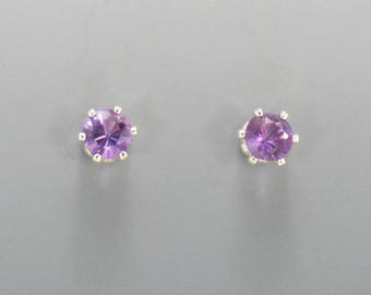 Sterling Silver 4mm Amethyst 6 prong Post Earrings with Push back Ear nuts.