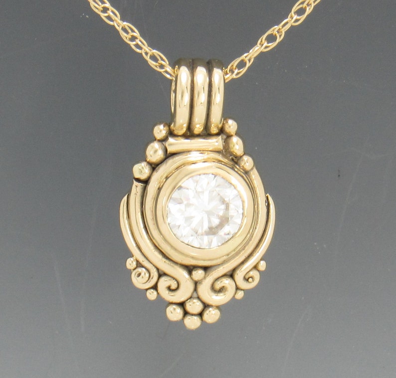 14k Yellow Gold Pendant with 8 mm Round Moissanite, 1.60 ct. 18 Gold Chain One of a Kind Pendant Made in the USA with Free Shipping. image 1