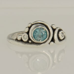 Sterling Silver 5 mm Blue Zircon and Diamond Ring, One of a Kind Bezel Set Handmade Artisan Ring, Made in the USA with Free Shipping.