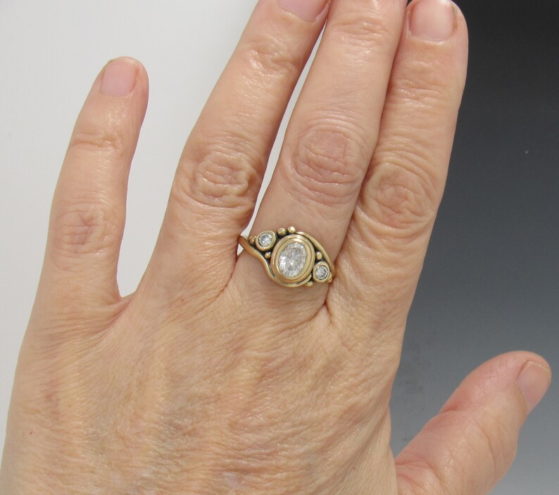 14ky Gold Ring with 8x6 mm Oval and 2 3.5mm Moissanites , 1.35ct. Handmade One of a Kind Artisan Ring Made in the USA with Free Shipping. image 8
