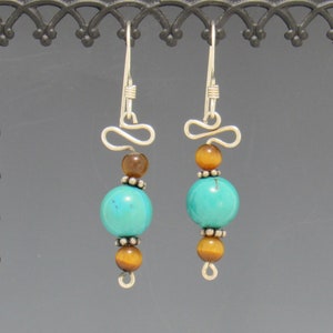 Sterling Silver Wire Earrings with 8mm Turquoise and 4 mm Tiger Eye Beads- Handmade One of a Kind Earrings Made in the USA, Free Shipping!