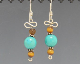 Sterling Silver Wire Earrings with 8mm Turquoise and 4 mm Tiger Eye Beads- Handmade One of a Kind Earrings Made in the USA, Free Shipping!