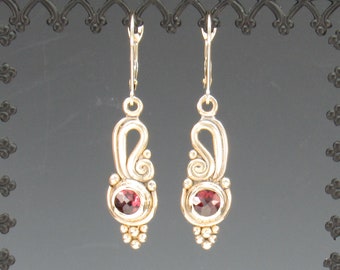 14k Yellow Gold 5 mm Garnet Earrings with Lever backs, Handmade One of a Kind Earrings Made in the USA with Free Domestic Shipping.